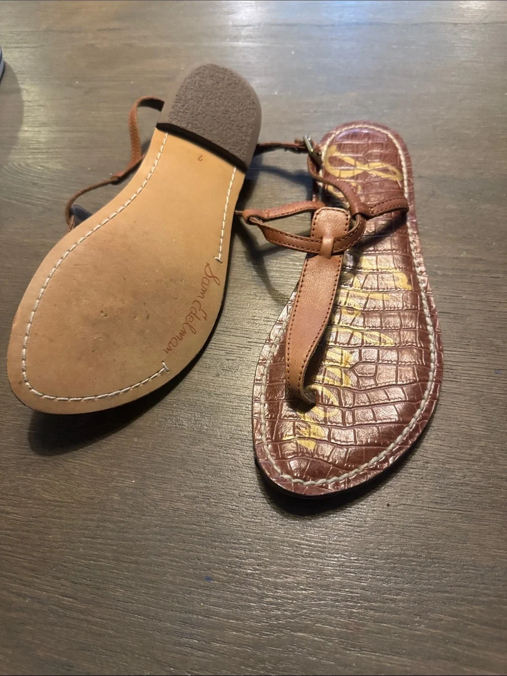 Sam Edelman Brown Leather Knot-Detail T-Strap Sandals